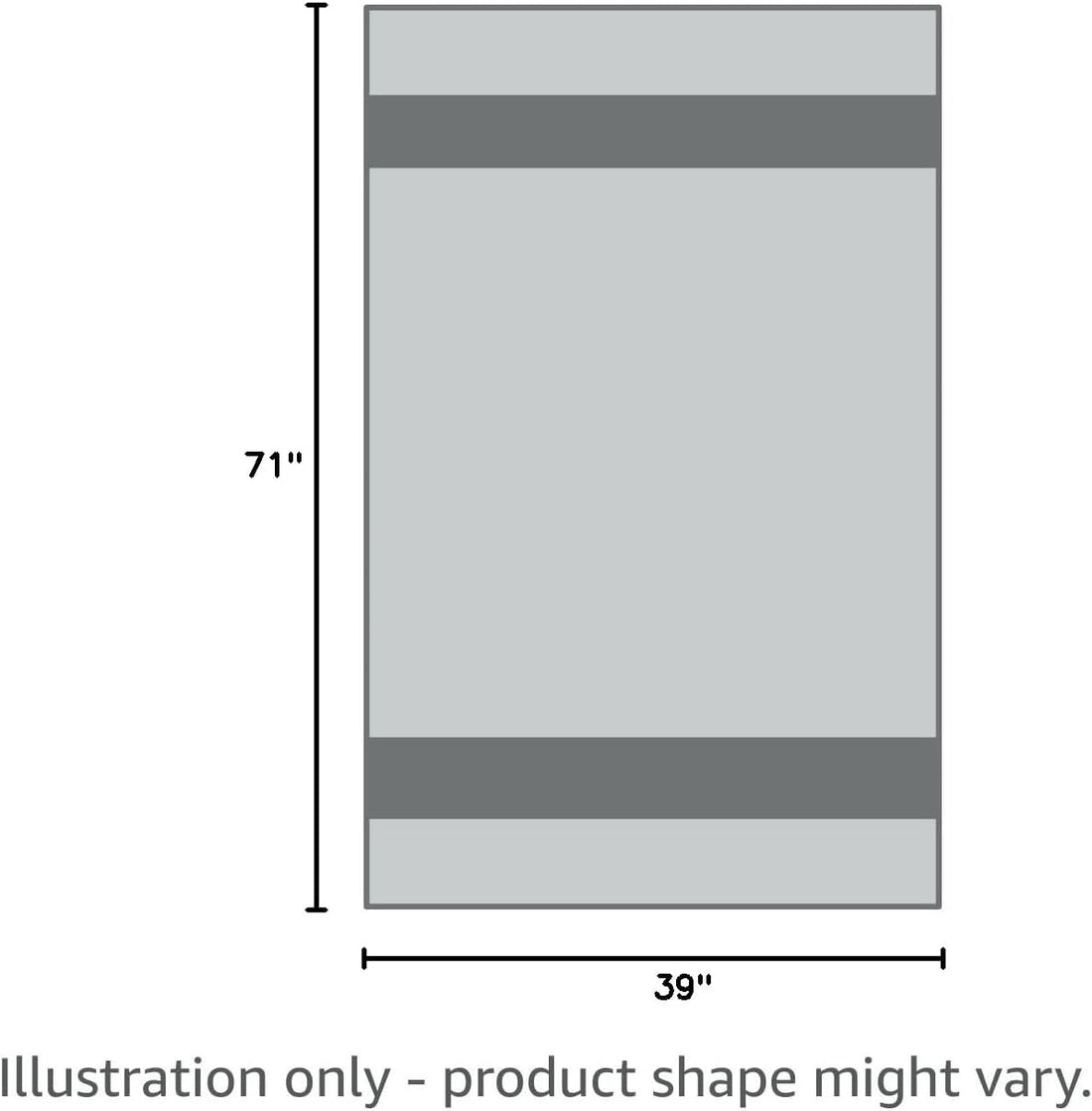 Size diagram of a rectangular towel measuring 39 inches wide by 71 inches tall. The illustrated towel shows a light gray body with two darker gray horizontal stripes near the top and bottom edges. Text below reads 'Illustration only - product shape might vary.', 4+ more images are available