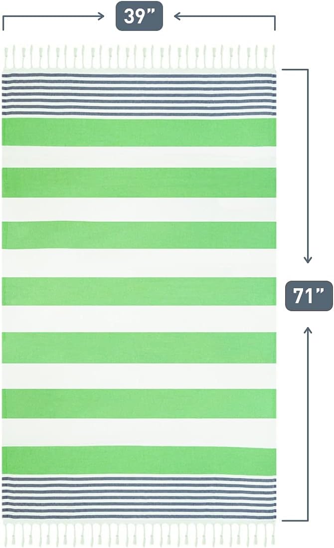 Striped Turkish towel laid flat, showing green and white wide stripes with navy thin stripes at each end and white fringe trim. Dimension annotations show 39 inches wide by 71 inches long.