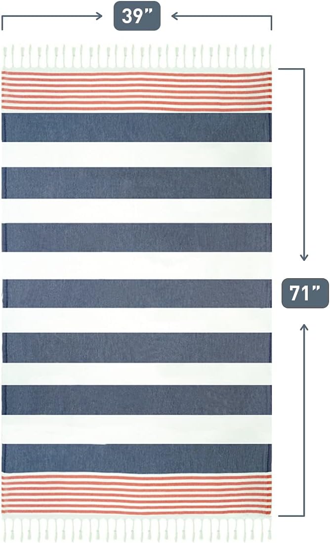 Striped Turkish towel laid flat, showing dimensions of 39 inches wide by 71 inches long. Features wide navy and white horizontal stripes, red and white thin stripes at both ends, and white fringe along the short edges.