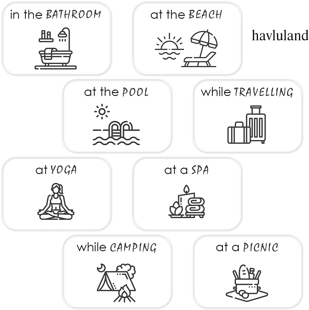 Havluland branded infographic showing 8 use-case icons for towels: in the bathroom, at the beach, at the pool, while travelling, at yoga, at a spa, while camping, and at a picnic.