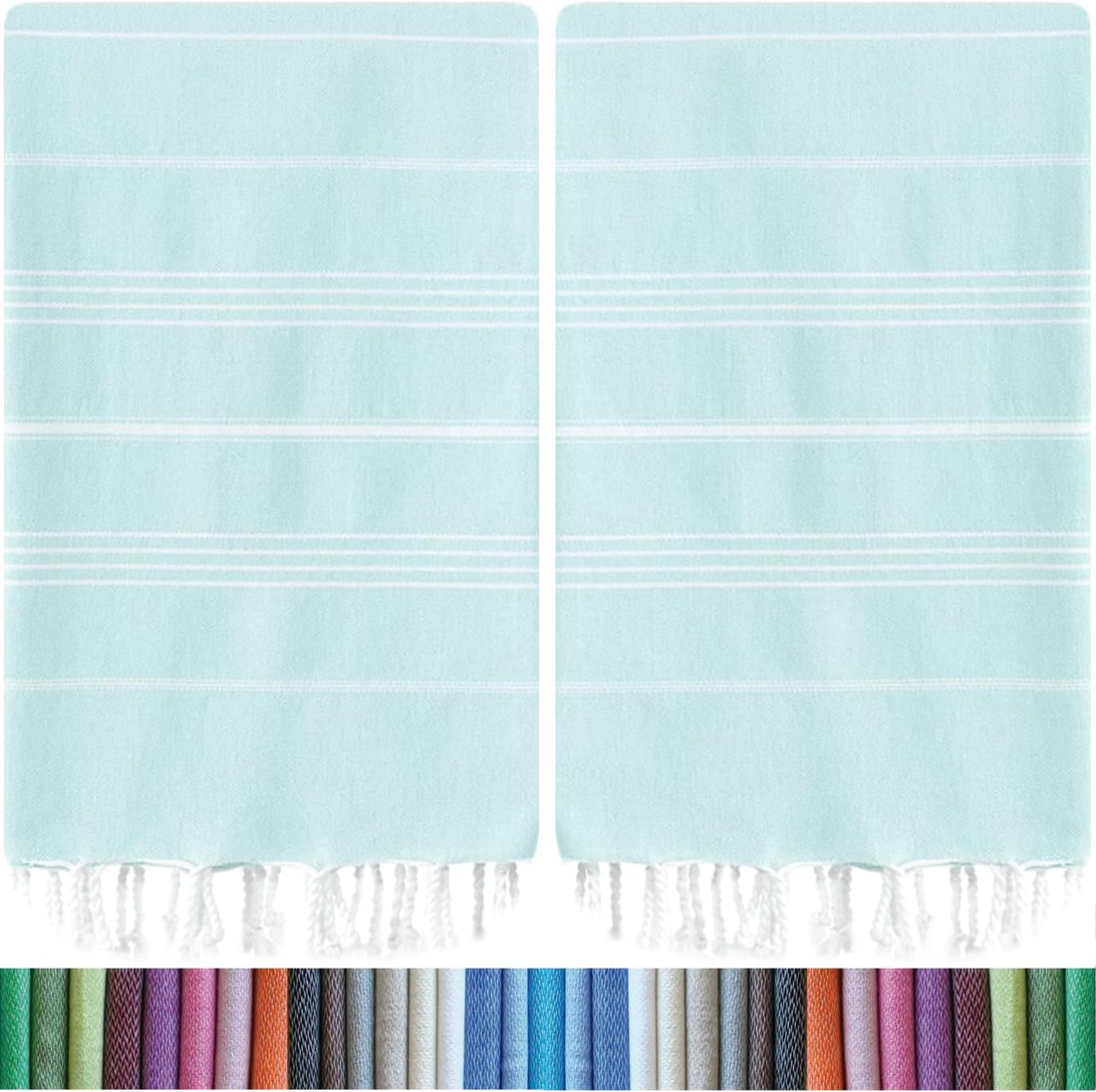 Two matching mint\/aqua Turkish towels with white horizontal stripes and white knotted fringe at the bottom edge, shown side by side. A color swatch strip below displays the many available color options.