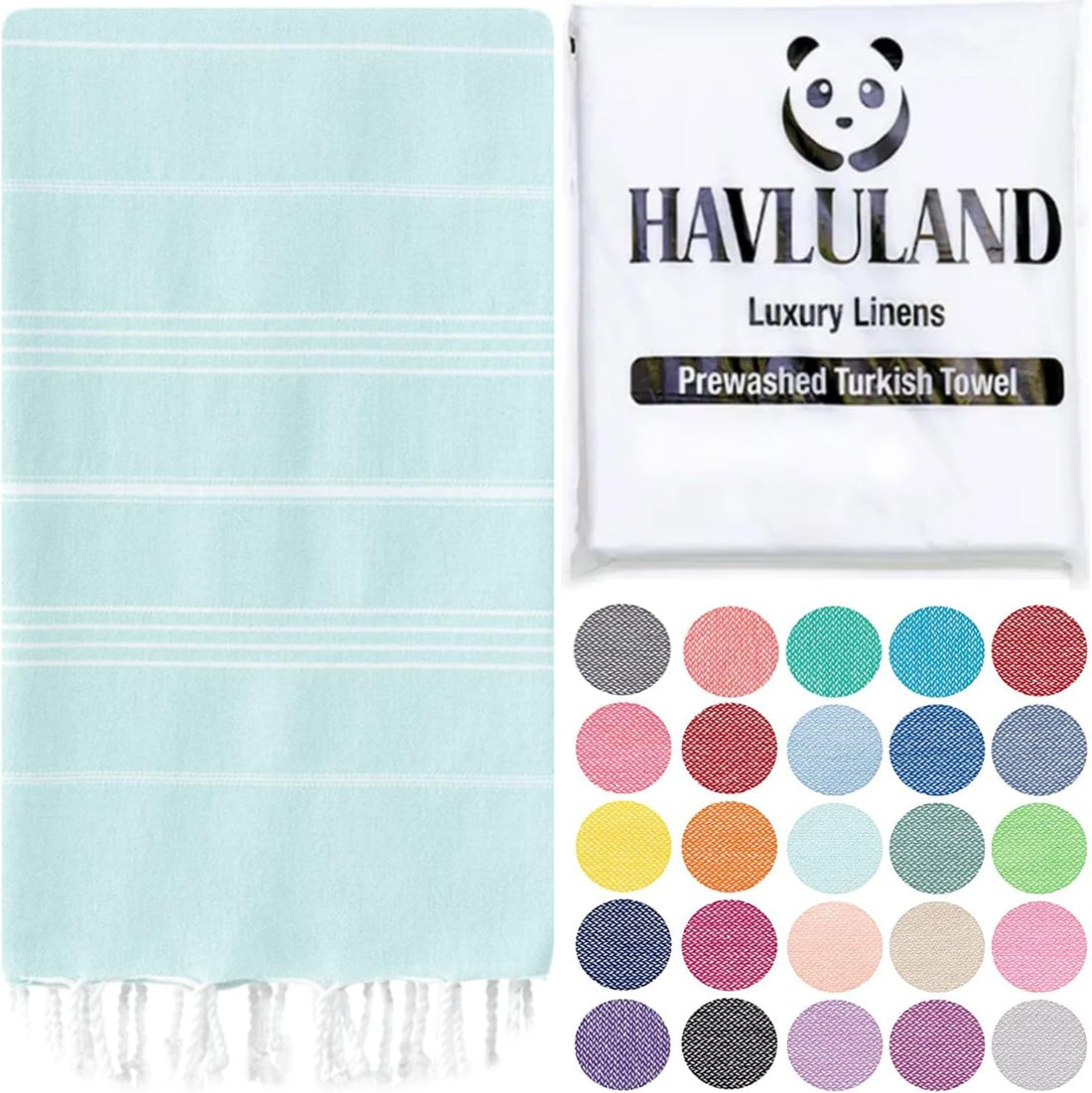 Havluland Turkish towel in aquamarine with white horizontal stripes and fringe tassels, shown unfolded beside white branded packaging. A grid of 25 color swatch circles shows available color options.