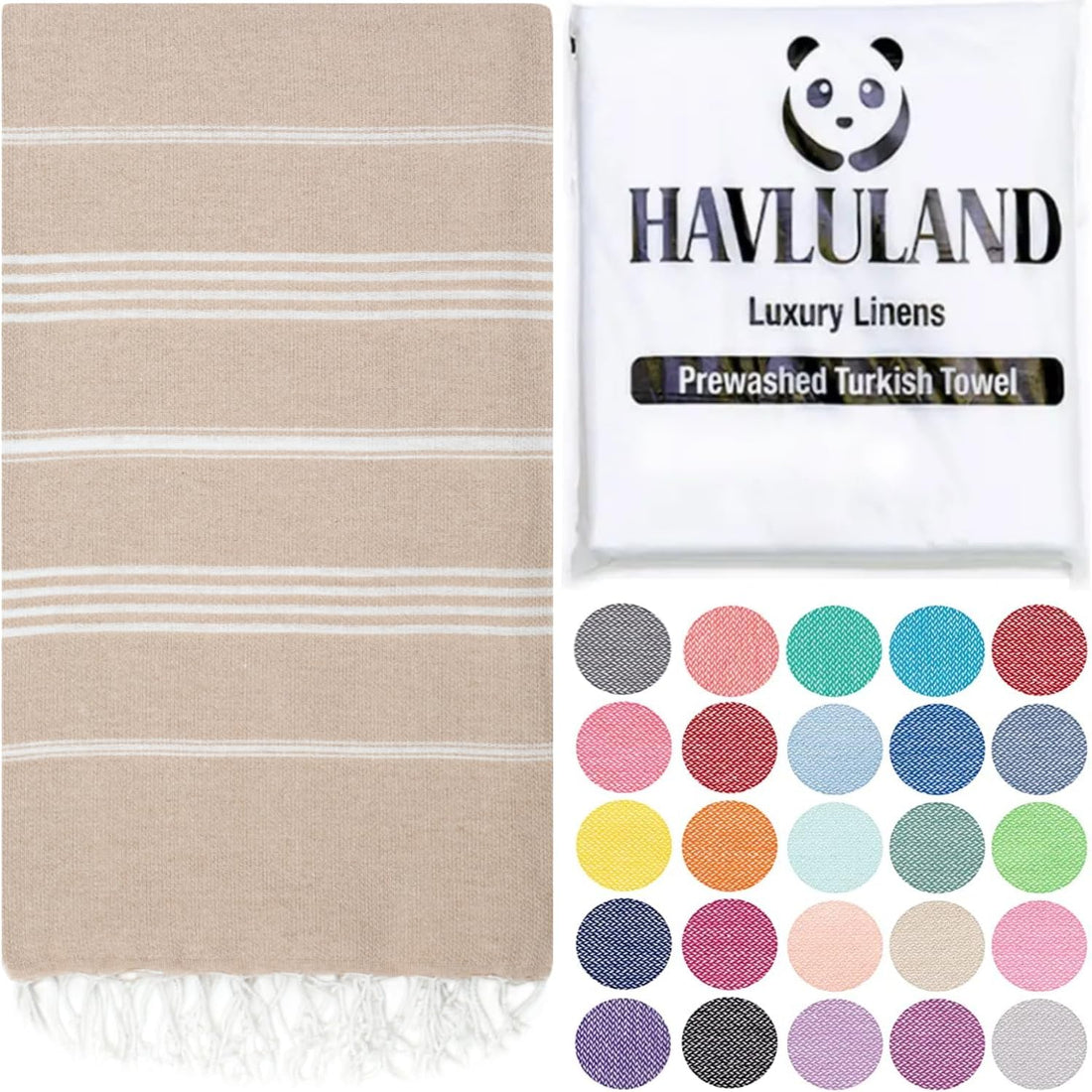 Beige Turkish towel with white horizontal stripes and fringe tassels, shown unfolded beside its white HAVLULAND Luxury Linens packaging labeled 'Prewashed Turkish Towel,' with a grid of 25 color swatch options below.