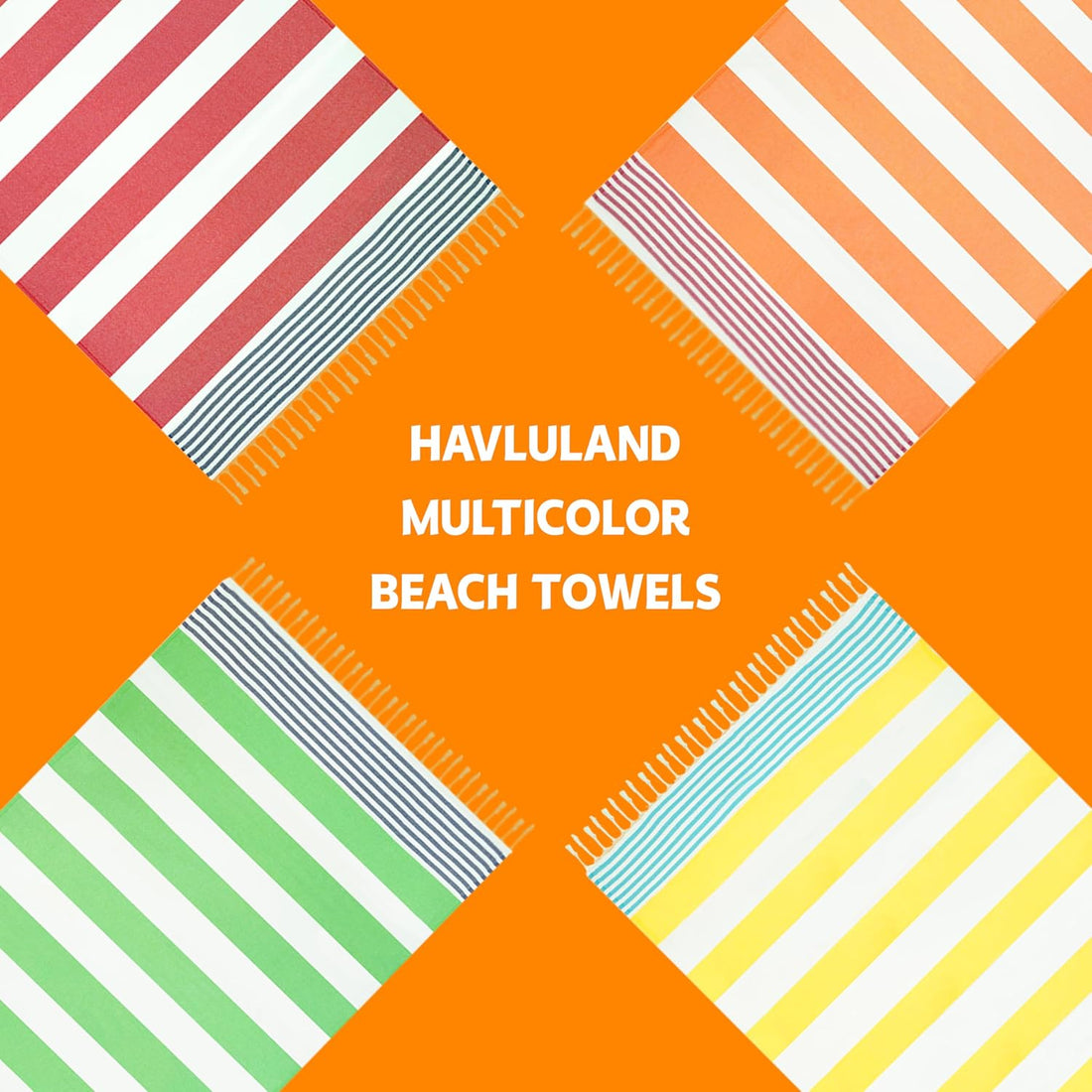 Havluland Multicolor Beach Towels promotional graphic showing four striped towels arranged in a diamond pattern on an orange background. Towels feature red, orange, green, and yellow stripes with white.