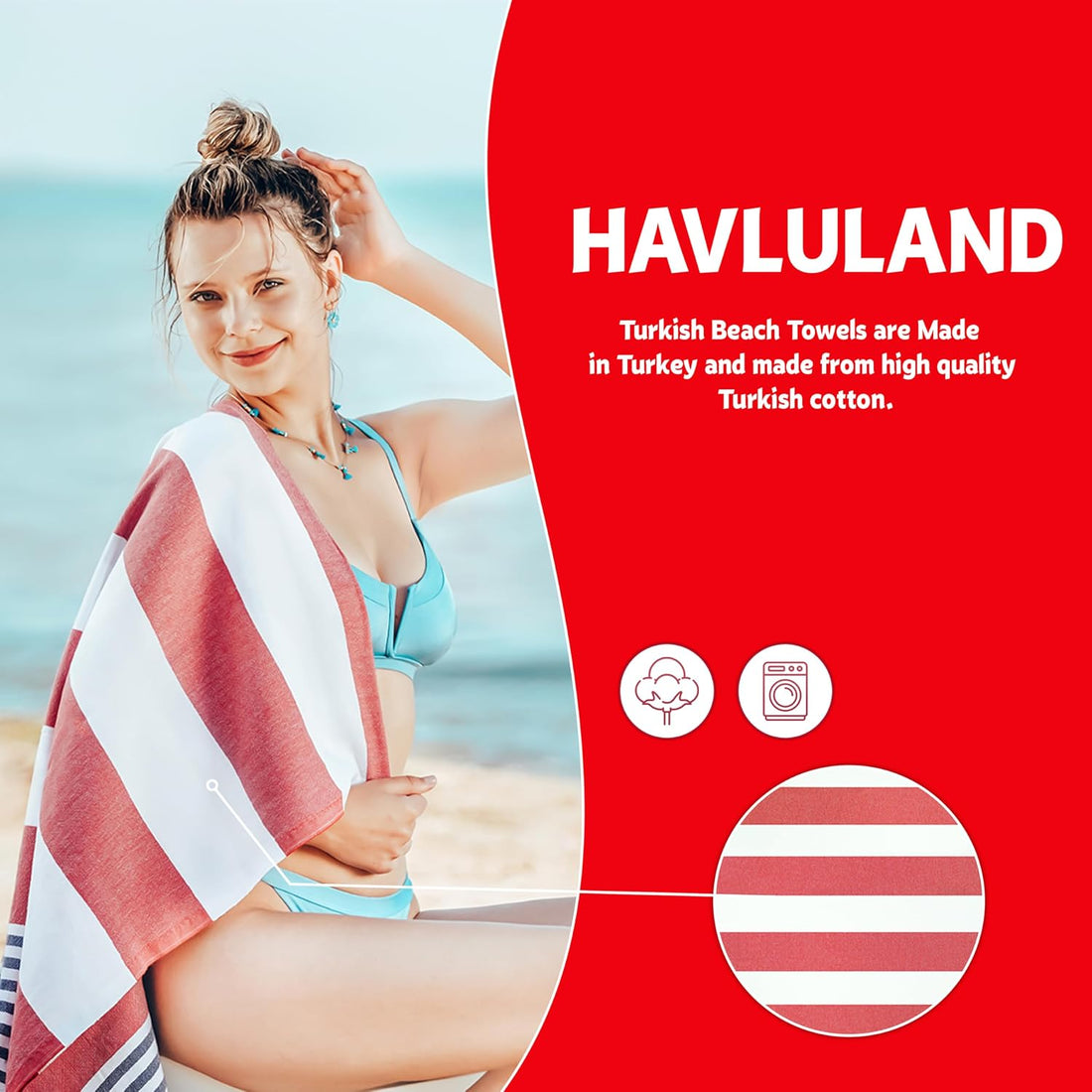 Promotional banner for HAVLULAND Turkish beach towels. A woman in a teal bikini drapes a red and white striped towel over her shoulders at a beach. Text states towels are made in Turkey from high quality Turkish cotton., 4+ more images are available