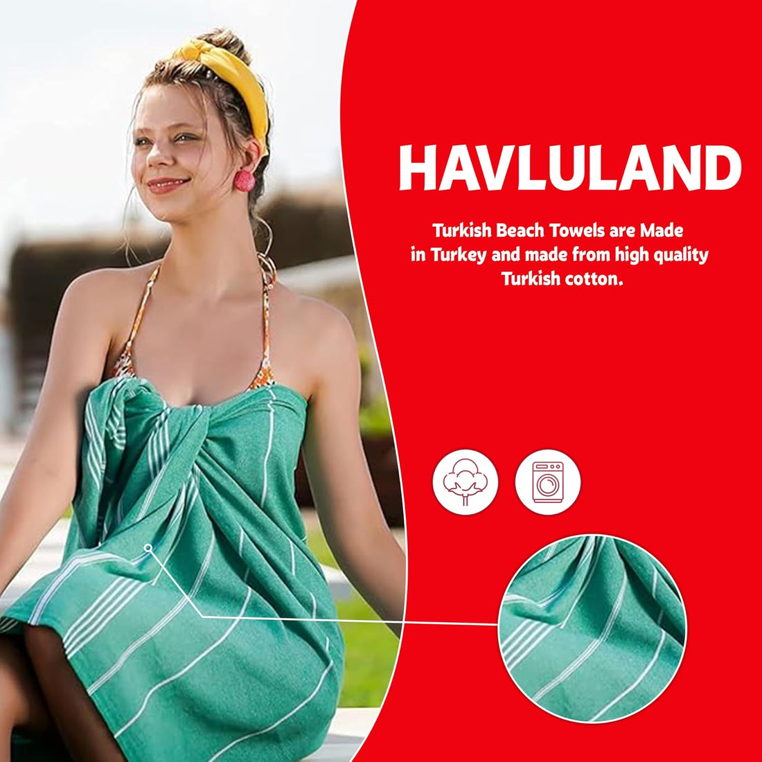 Promotional banner for HAVLULAND Turkish beach towels. A woman wears a green and white striped towel wrapped as a sarong. Text states towels are made in Turkey from high quality Turkish cotton, with cotton and washing machine icons.