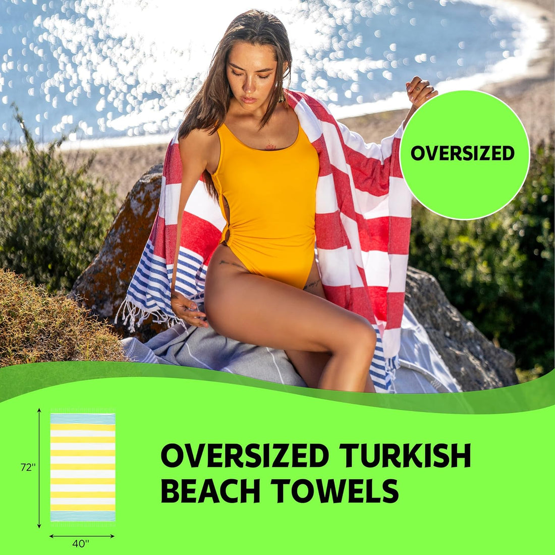 Woman in yellow swimsuit draped in a red and white striped Turkish beach towel with blue striped ends and fringe, seated outdoors. Green badge reads 'OVERSIZED.' Bottom panel shows towel dimensions: 72\" x 40\".